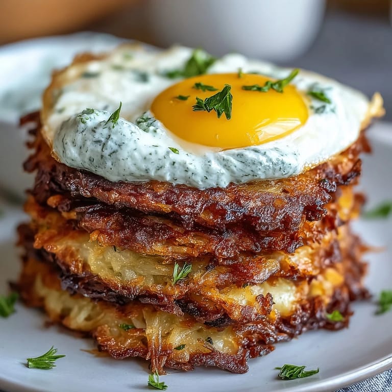 Golden-brown celeriac rösti stacked high, drizzled with spicy harissa yogurt and served alongside a sunny-side-up fried egg.