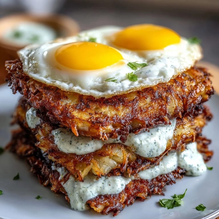 Fork-ready celeriac rösti garnished with fresh parsley, a dollop of harissa yogurt, and a runny yolk fried egg.