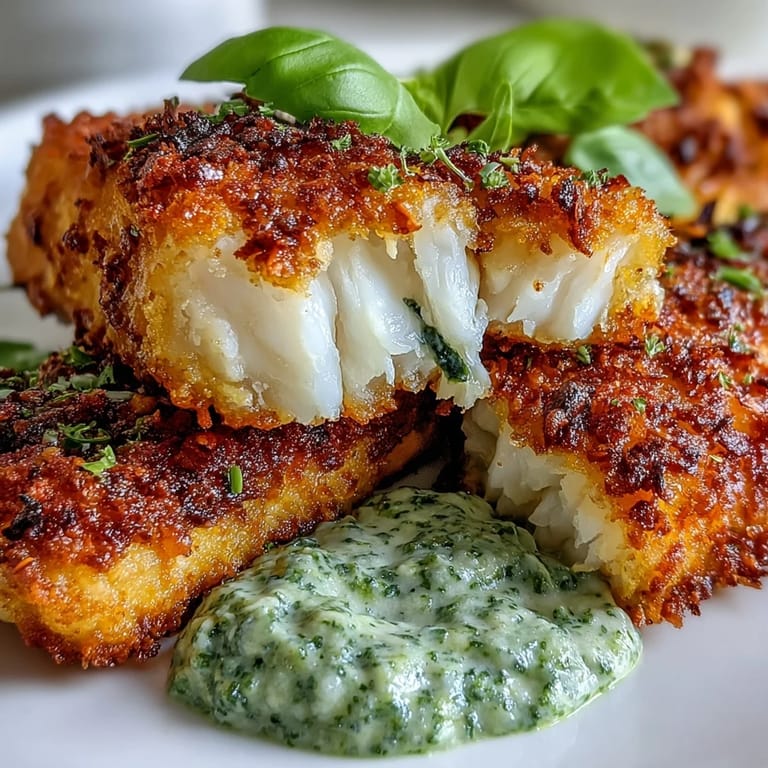 Crisp Parmesan-crusted haddock goujons paired with creamy pea pesto and salad for a delicious weeknight dinner idea.