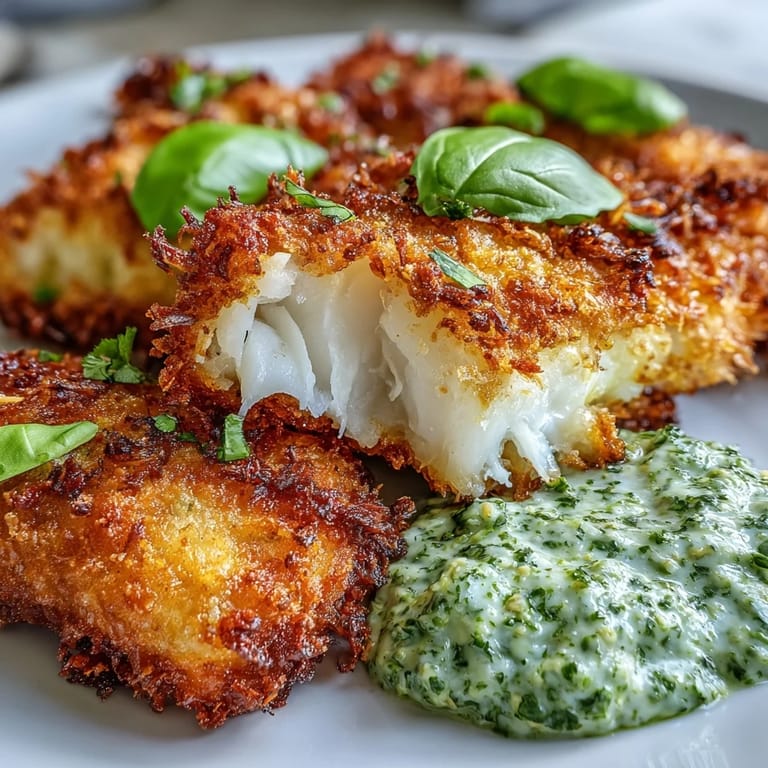 Freshly baked haddock goujons with crunchy Parmesan crust sit beside vibrant green pea pesto and lemon wedges.