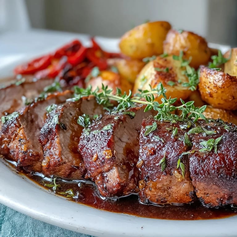 Golden roasted potatoes with thyme and sweet red peppers surround sliced marinated Ibérico pork fillet, a Spanish-inspired main course ready for dinner.