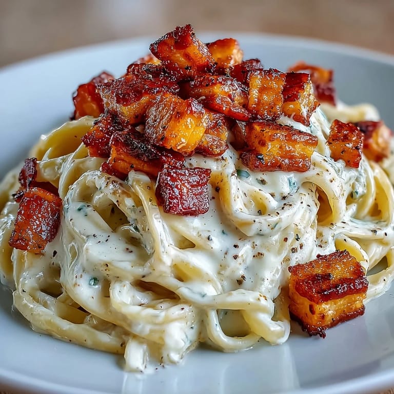 A close-up of Celeriac Carbonara where creamy egg sauce coats gluten-free celeriac noodles mixed with golden pancetta.