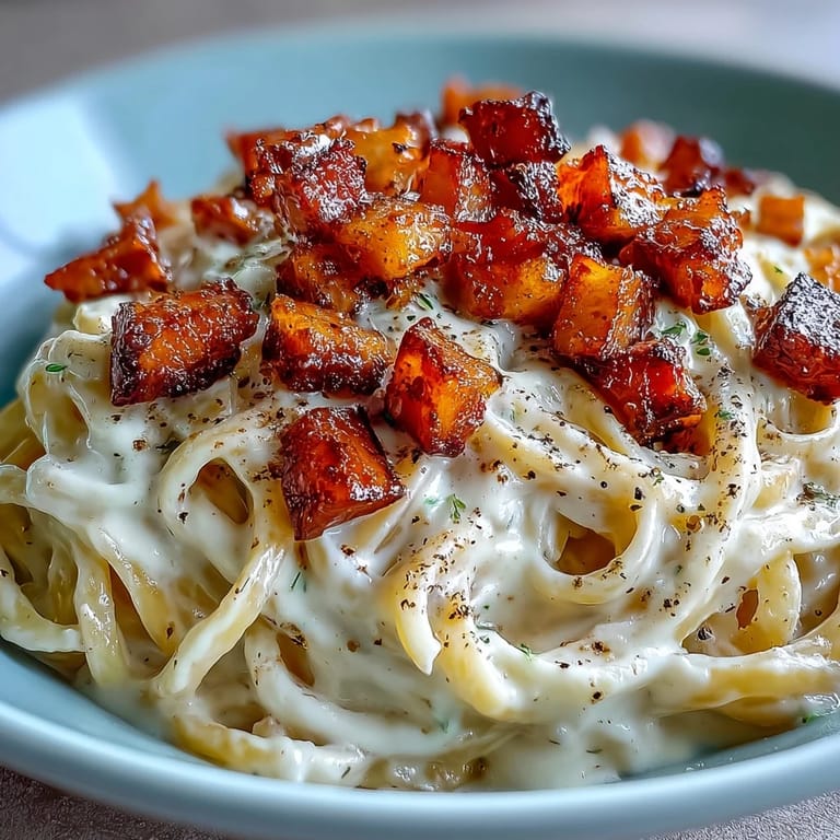 Hearty Celeriac Carbonara plated for four, low-carb noodles tossed with pancetta and Parmesan, ready for dinner.