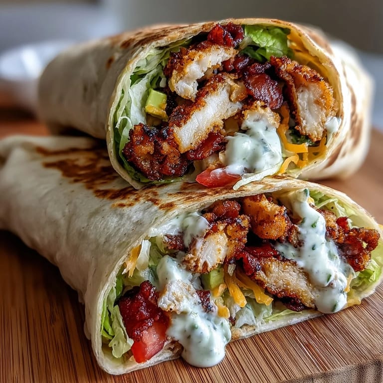 Golden-seared Crispy Chicken Bacon Wrap with melted cheddar, creamy avocado, and tangy sauce, ready to enjoy as a hearty handheld lunch.