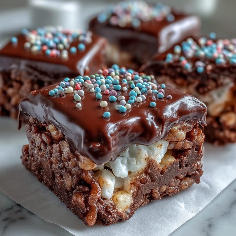 A hand lifts a bite-sized piece of Chocolate Covered Rice Krispy Treats, revealing the crispy, marshmallow-packed interior beneath the rich chocolate.