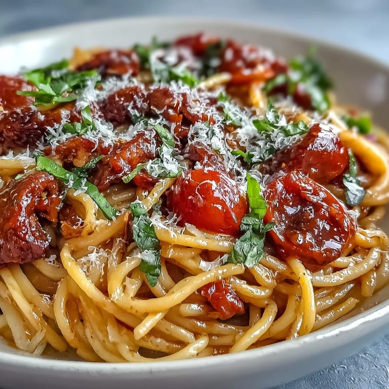 Overhead view of a rustic bowl of Italian Drunken Noodles, highlighting the hearty fusion of pasta, savory meat, and blistered tomatoes swimming in a bold, wine-kissed sauce with a side of crusty bread.