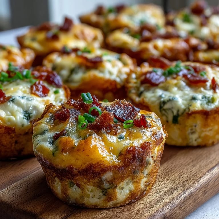 A close-up of fluffy Breakfast Egg Muffins with melted cheese and bacon, served warm on a rustic plate.