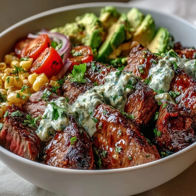 Savory steak rests beside roasted corn kernels and avocado, while rich cilantro cream sauce drizzles over the colorful bowl garnished with fresh cilantro.