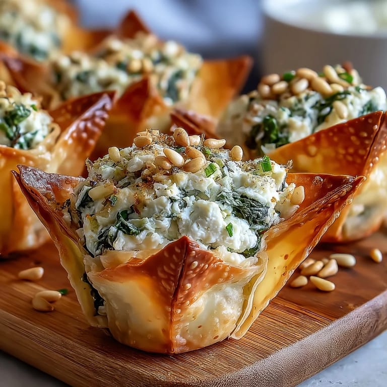 These savory bites feature wilted spinach and creamy feta nestled in crunchy shells, perfect for a party appetizer tray.