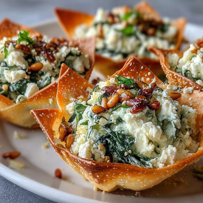 Close-up of golden Mediterranean spinach and feta crisps on a white plate with lemon wedges.