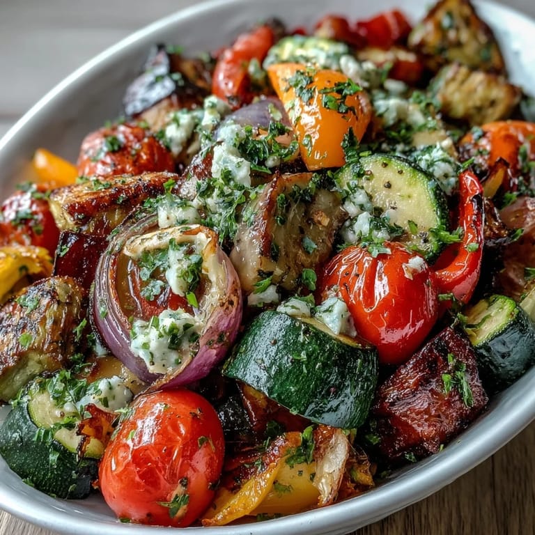 Serving platter of Roasted Mediterranean Greek Vegetables, bright with lemon and herbs, ideal alongside grilled chicken or warm pita.