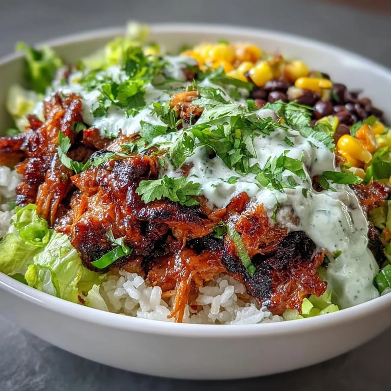 Hearty Carnitas Burrito Bowl featuring juicy slow-cooked pork, lime crema drizzle, fresh cilantro garnish, and zesty salsa on fluffy rice.