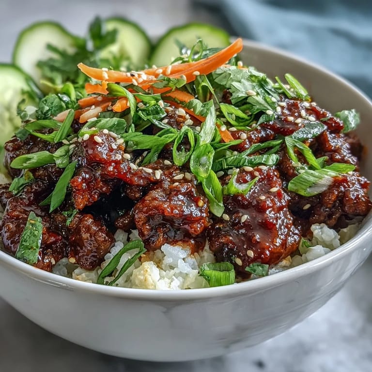 Bowl of savory Easy Korean Beef Bowl topped with vibrant sliced cucumbers, julienned carrots, and toasted sesame seeds for crunch.