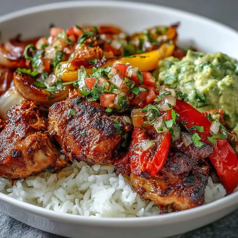 Vibrant Sheet Pan Chicken Tinga Bowl garnished with lime wedges and cilantro, showcasing roasted red and yellow bell peppers on rice.