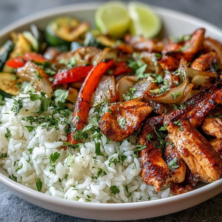 Fluffy white rice topped with the finished Sheet Pan Fajita Bowl, garnished with fresh cilantro and avocado slices.
