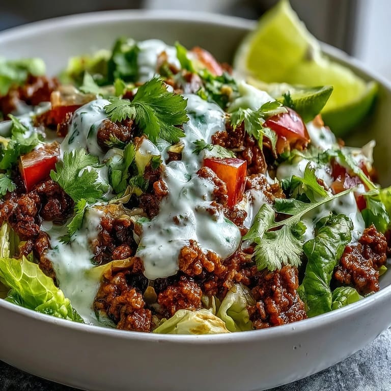 A close-up view of a nutritious Healthy Taco Bowl with seasoned beef, tomatoes, radishes, and creamy avocado slices.