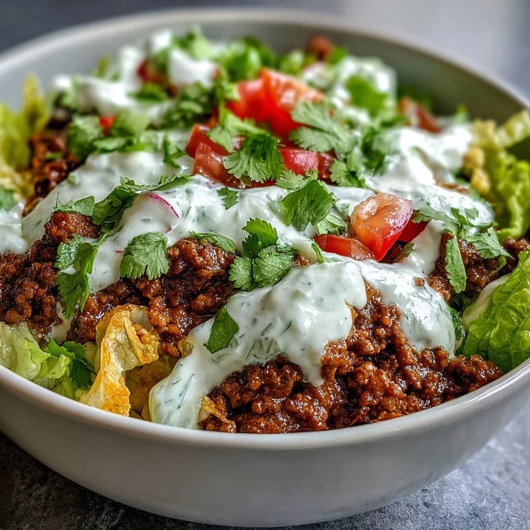 Gluten-free Healthy Taco Bowl featuring seasoned ground beef, vibrant cilantro, and shredded cheese drizzled with tangy lime crema.