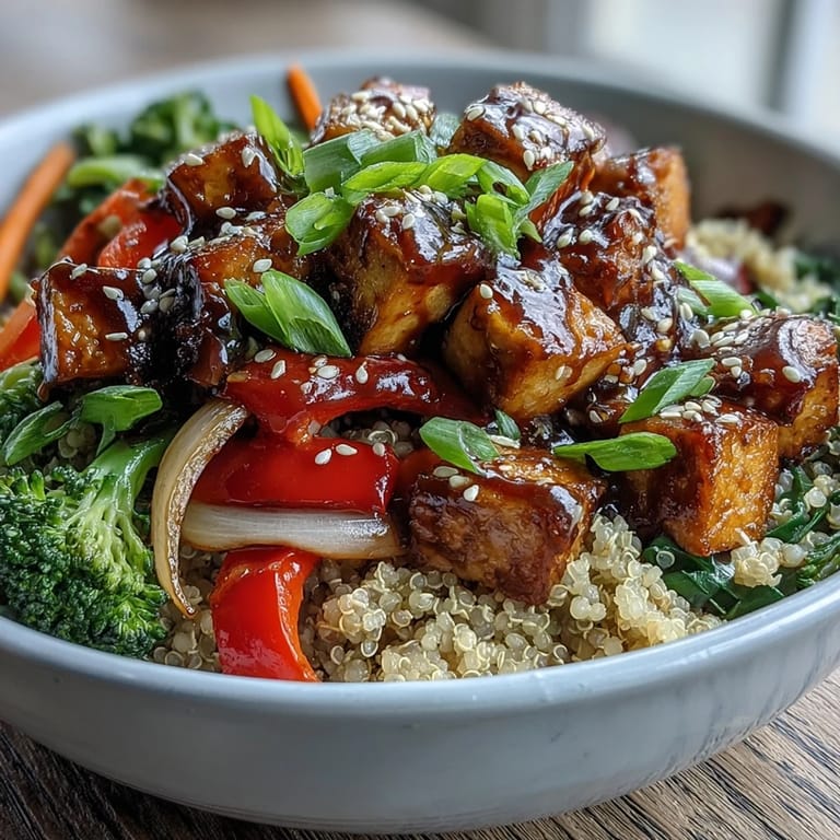 Savory Quinoa Vegetable Teriyaki Bowl garnished with fresh green onions and sesame seeds, served ready to eat for a healthy weeknight dinner.