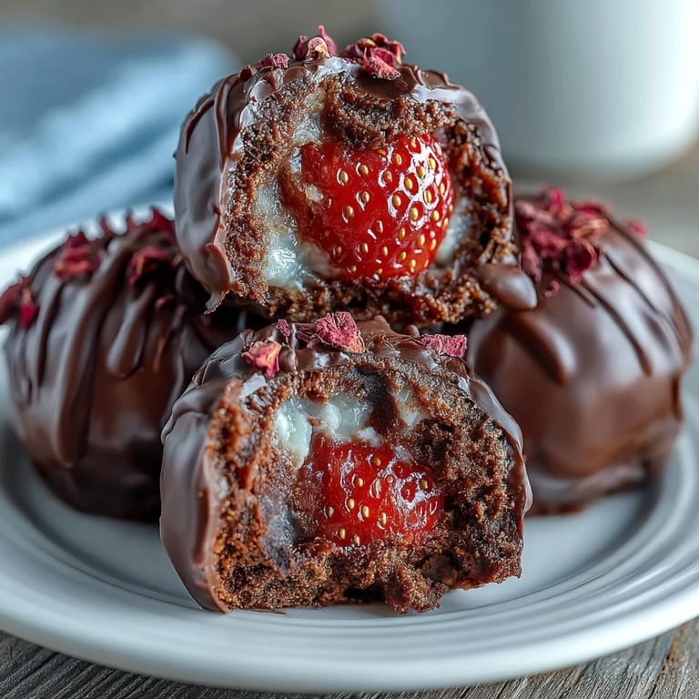 Bite-sized Dubai-style strawberry truffles enrobed in glossy dark chocolate, delicately flavored with cardamom and rosewater.