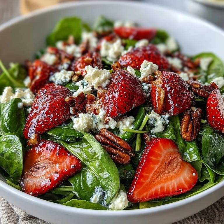 Vibrant spinach salad topped with juicy strawberries, red onion, toasted almonds, and a luscious poppyseed yogurt dressing for a fresh spring meal.