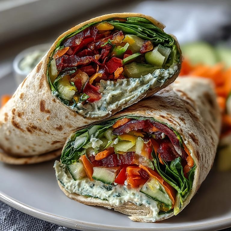 Fresh, vibrant veggie wraps filled with a rainbow of vegetables and hummus, ideal for a nutritious packed lunch.