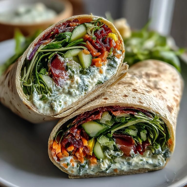 Nutritious rainbow veggie wraps packed with colorful vegetables, whole wheat tortilla, and optional feta, great for a quick, healthy meal.