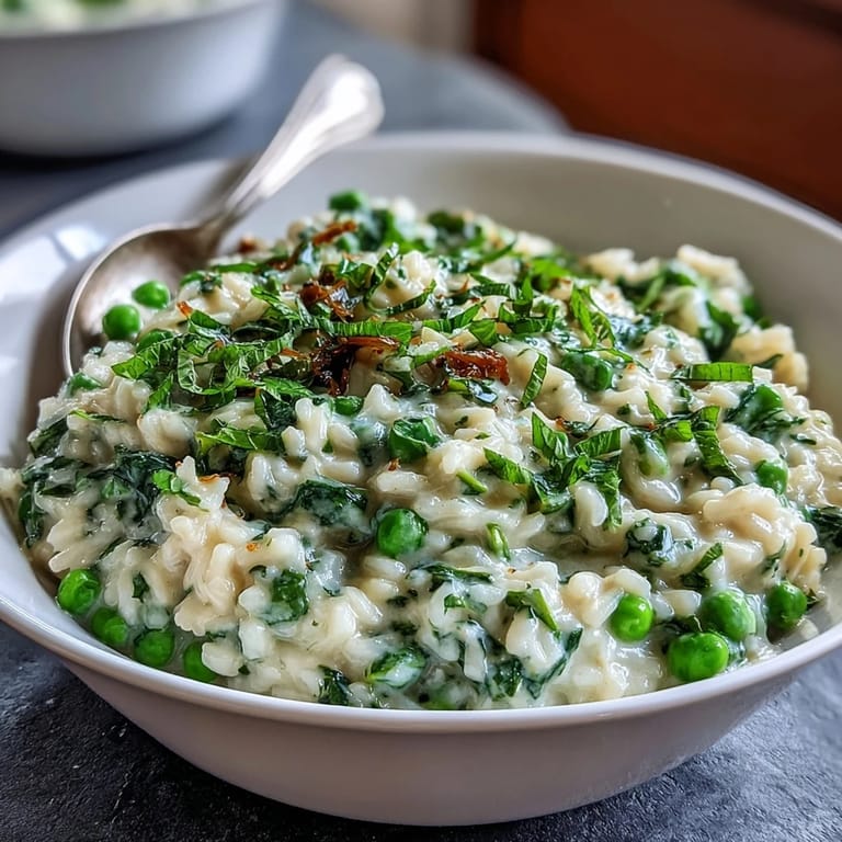 Springtime pea and mint risotto, finished with Parmesan, fresh herbs, and a hint of lemon.