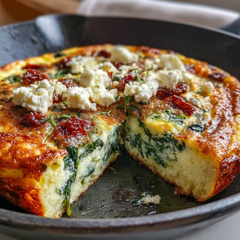 A savory baked frittata loaded with sautéed spinach, crumbled feta, and sweet-tart sun-dried tomatoes, ideal for brunch or dinner.