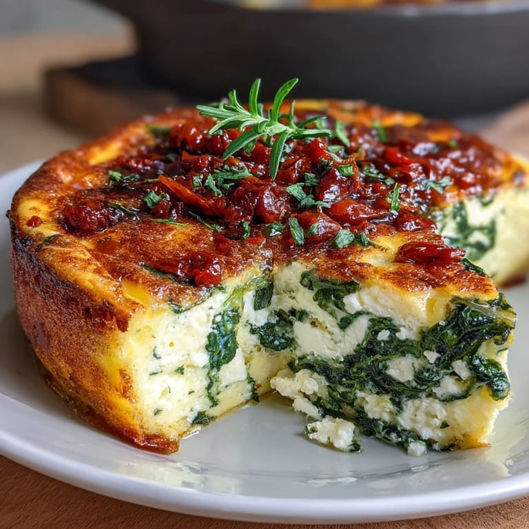 A hearty, Mediterranean-inspired frittata featuring creamy feta, wilted spinach, and tangy sun-dried tomatoes baked to perfection.  