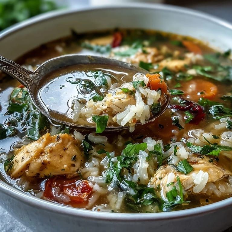 Cozy one-pot chicken and rice soup featuring juicy chicken pieces, aromatic vegetables, and long-grain rice simmered to perfection in a comforting golden broth.