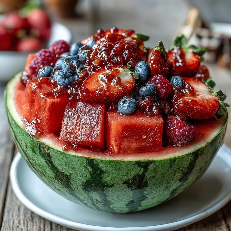 Elegant carved watermelon filled with colorful berries and mint leaves, a refreshing and eye-catching centerpiece for any gathering.