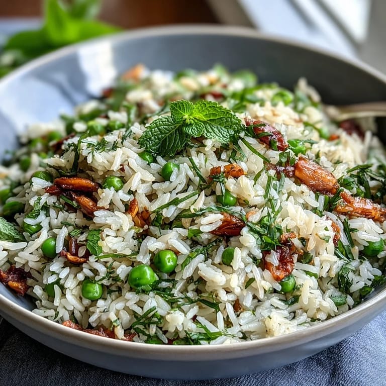 Spring pea and mint rice pilaf, a fragrant side dish with tender peas, fresh mint, and aromatic herbs.