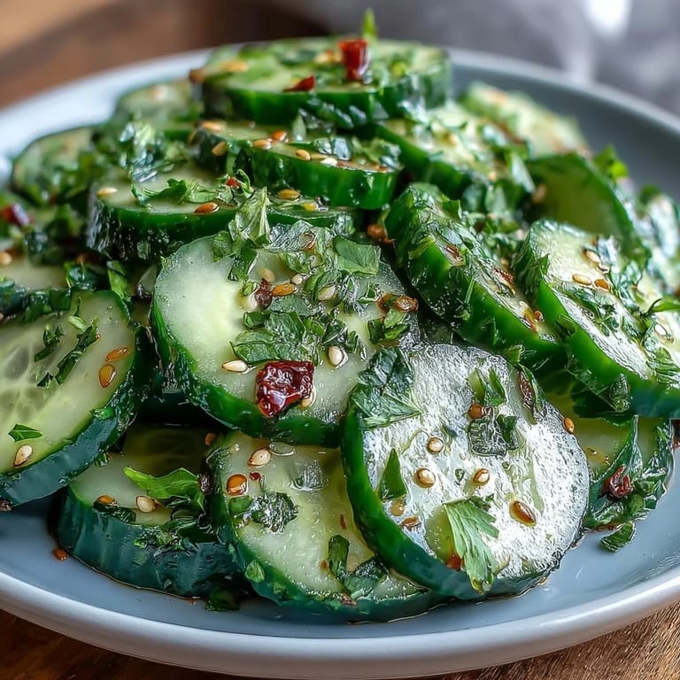 Colorful Asian cucumber salad with sesame and rice vinegar, garnished with green onions and sesame seeds.
