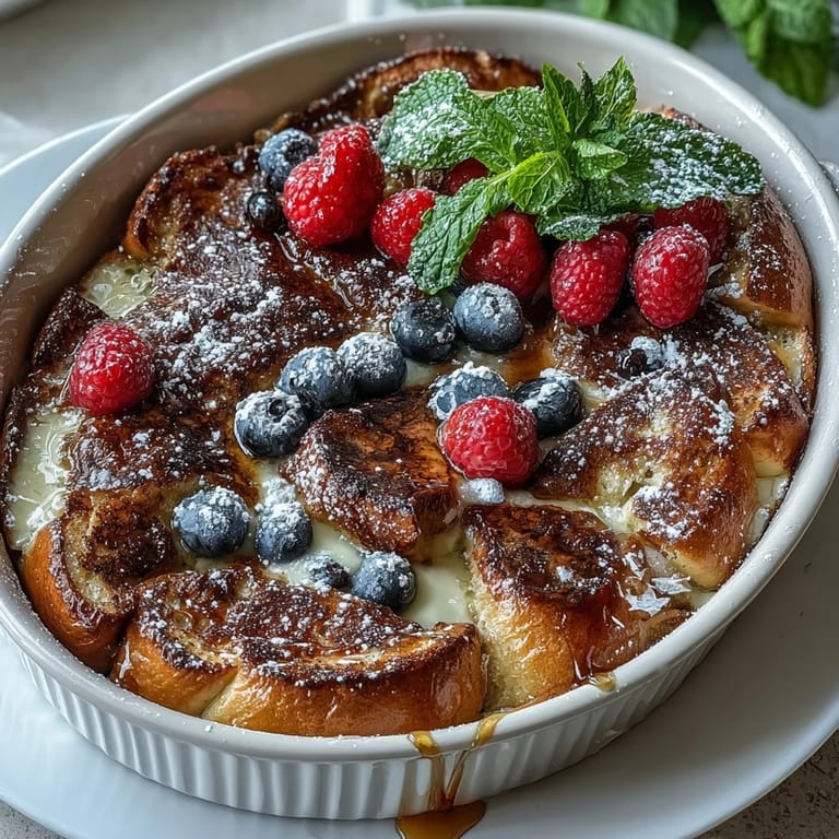 Warm, golden pancake casserole with juicy berries baked into a luscious custard, ideal for celebrating Mother's Day with family.