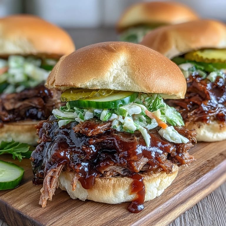3. Tender, saucy brisket nestled in slider buns, crowned with creamy coleslaw and pickles—perfect for parties or casual gatherings.