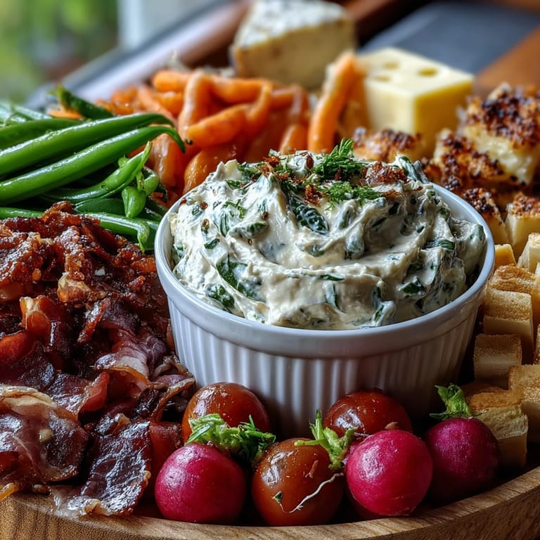 Spring charcuterie board with radishes, peas, and herb dip—ideal for light, colorful gatherings.