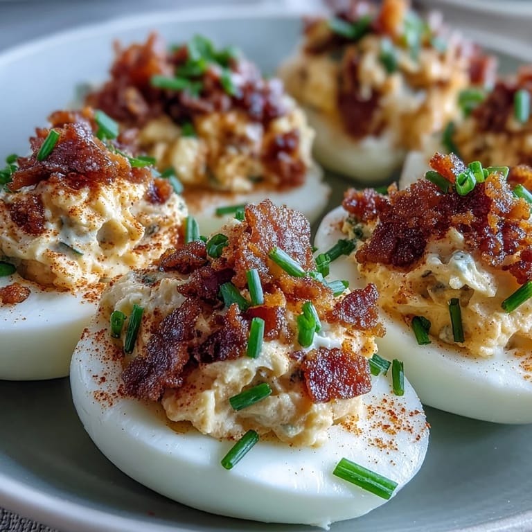 Creamy bacon ranch deviled eggs served chilled, garnished with paprika and chives for a crowd-pleasing appetizer.