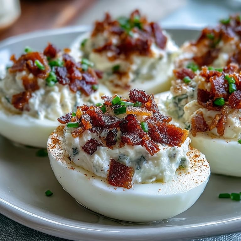 Deviled eggs topped with smoky bacon crumbles and fresh chives, combining rich ranch flavor in every bite.  