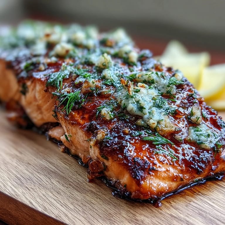 Juicy salmon fillets rest on aromatic cedar planks, brushed with garlic dill marinade and kissed by the grill for a savory, herb-forward flavor.