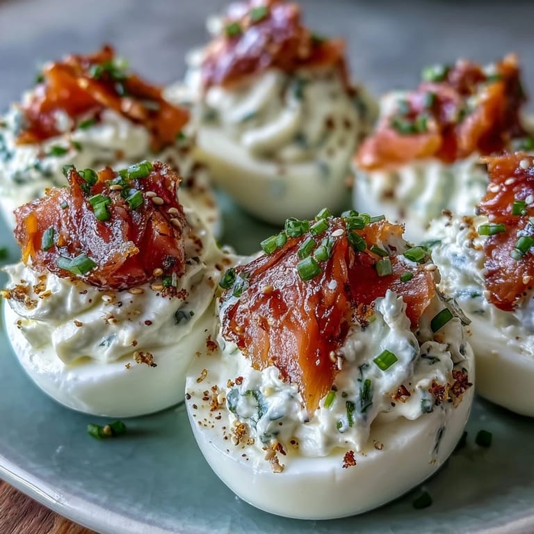 Elegant smoked salmon deviled eggs garnished with fresh dill and everything seasoning, perfect for entertaining or holiday spreads.