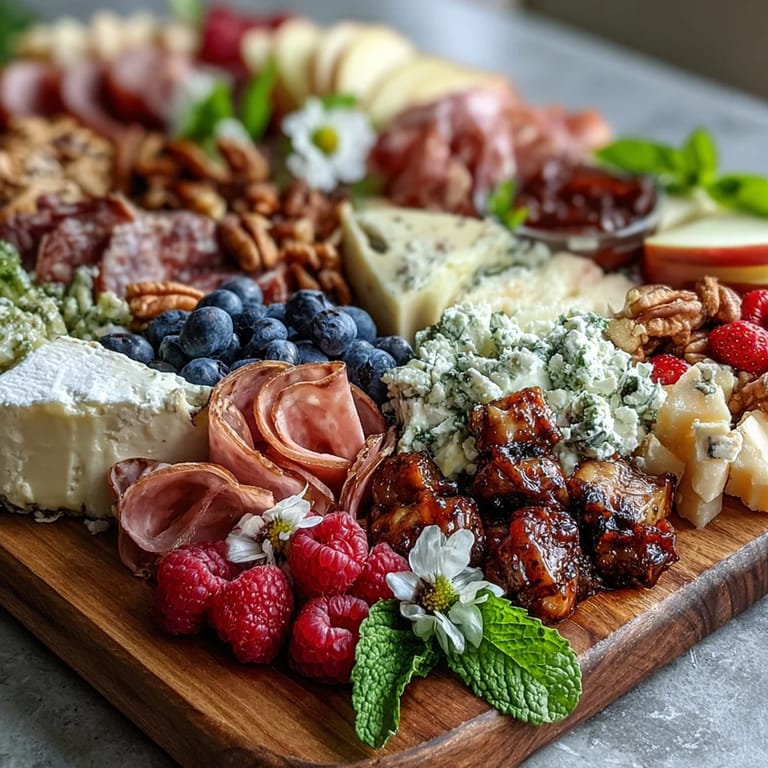 Elegant Charcuterie Board with Edible Flowers and Fruits, artfully arranged with prosciutto, brie, grapes, and pansies for a seasonal, gluten-free gathering.