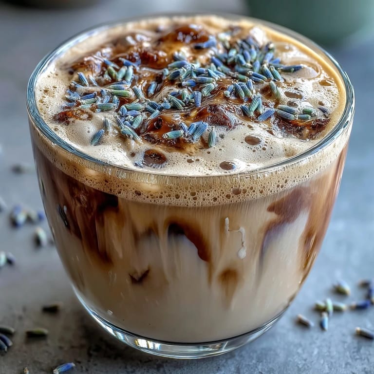Iced lavender oat milk latte with delicate purple syrup swirls, refreshing and dairy-free, perfect for warm days or afternoon pick-me-ups.