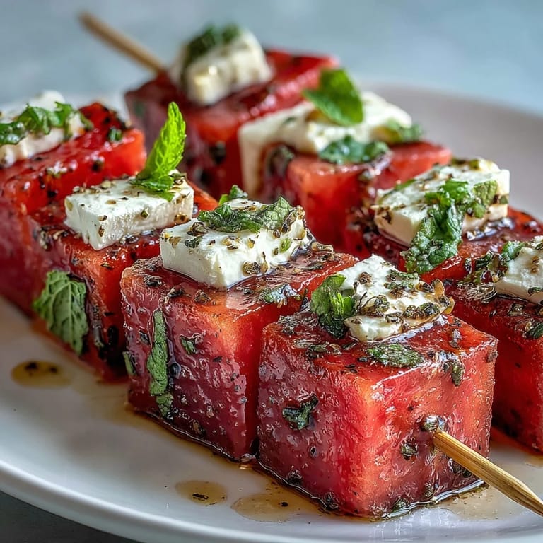 Colorful watermelon feta mint skewers with wooden picks, a vibrant summer appetizer perfect for parties or light snacks.