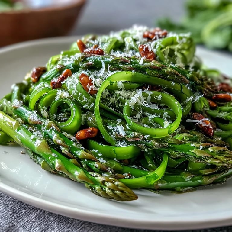 Bright, crisp asparagus ribbons tossed with lemon dressing and topped with shaved Parmesan cheese.