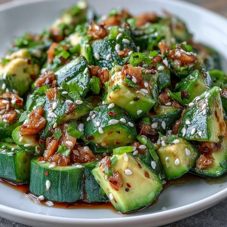 Green smashed cucumber and avocado salad, a quick, easy vegan side dish.