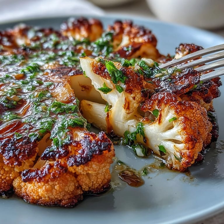 Tender BBQ cauliflower steaks, char-kissed and drizzled generously with zesty chimichurri sauce.
