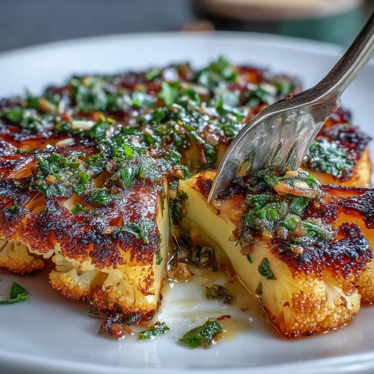 Perfectly grilled BBQ cauliflower steaks glistening with garlicky, herbaceous chimichurri ready to serve.