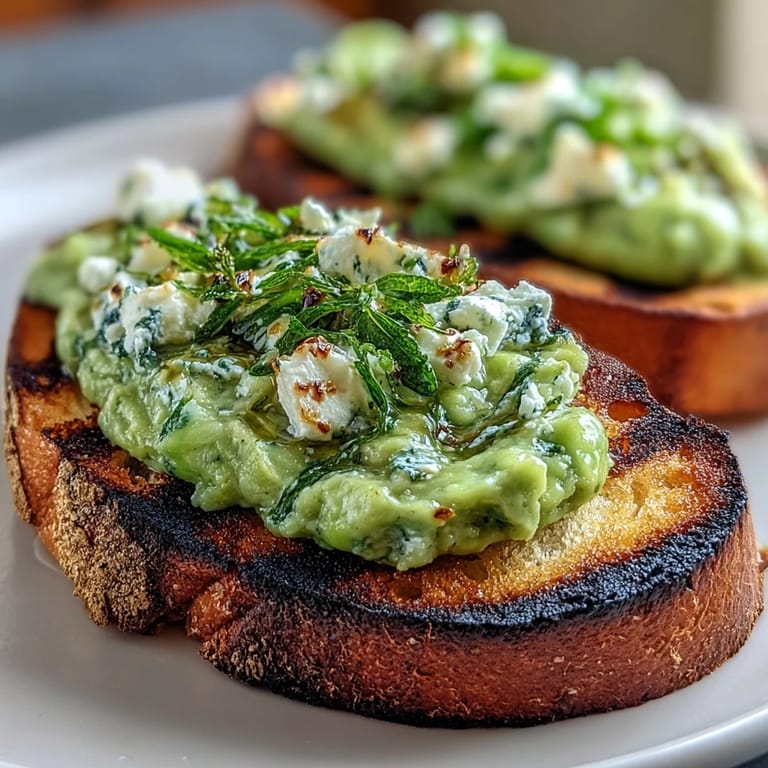 Smoky grilled sourdough topped with creamy Fava Bean and Mint Bruschetta, perfect for parties.