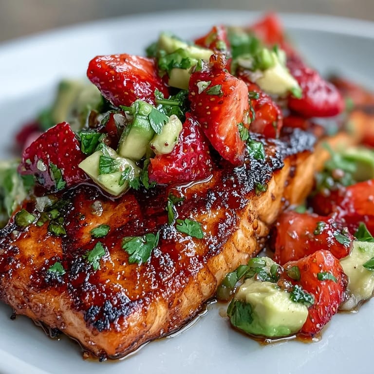 Juicy grilled salmon with a fresh, bright strawberry avocado salsa, ready for dinner.