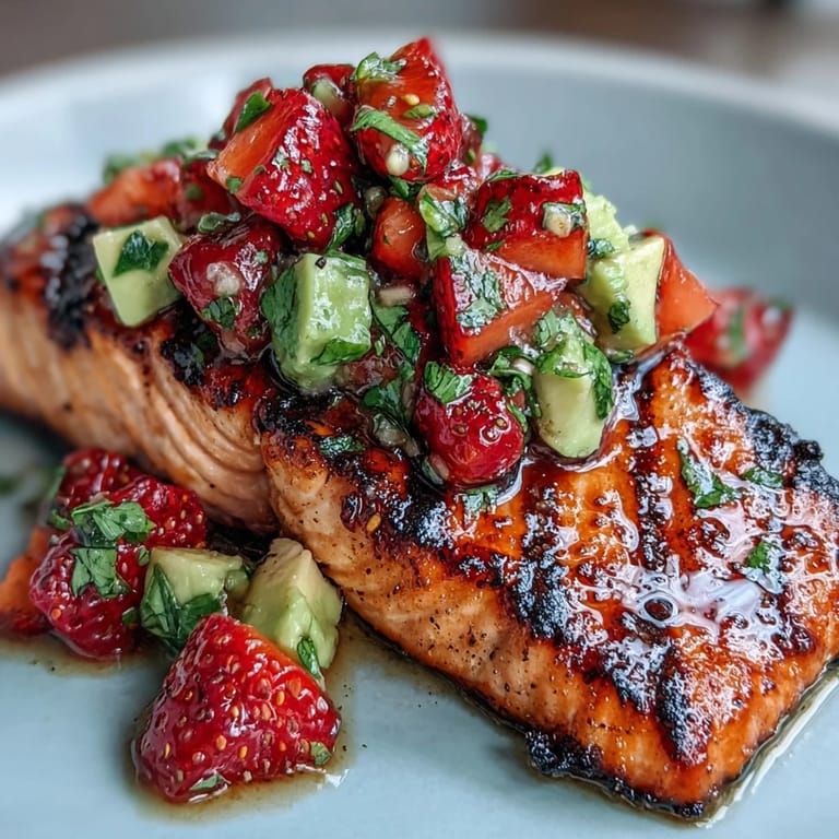 Tender grilled salmon fillets crowned with zesty strawberry avocado salsa, a delightful bite.